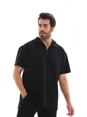 Unisex Yarım Fermuarlı Düz Oversize T-shirt - Siyah