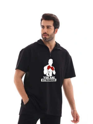 Unisex Yarım Fermuarlı Oversize Baskılı T-Shirt - Siyah