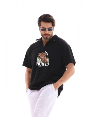 Unisex Yarım Fermuarlı Oversize Baskılı T-Shirt - Siyah
