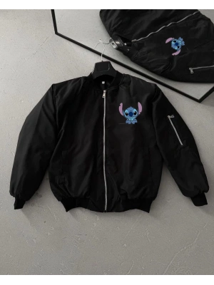 Unisex Siyah Bomber Ceket – Fermuarlı, Cepli, Kapitone Astarlı, Sevimli Stitch Baskılı Günlük Rahat Mont - Siyah