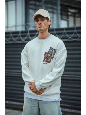 Uzun Kol Bisiklet Yaka Baskılı SweatShirt - Beyaz