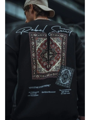 Uzun Kol Bisiklet Yaka Baskılı SweatShirt - Siyah
