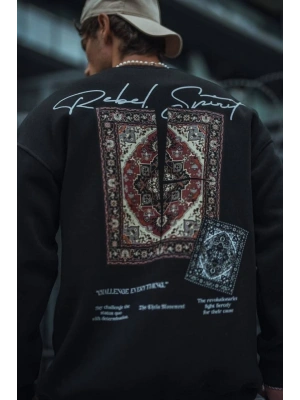 Uzun Kol Bisiklet Yaka Baskılı SweatShirt - Siyah