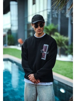 Uzun Kol Bisiklet Yaka Ön ve Arka Baskılı SweatShirt - Siyah