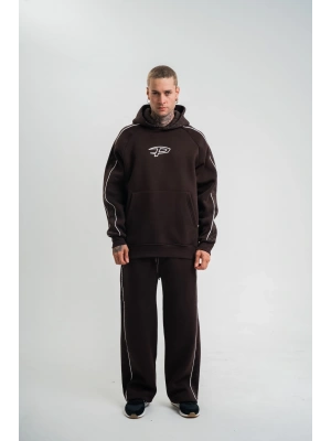 Uzun Kol Kapşonlu Ara Biyeli Baggy Eşofman Takım - Kahve