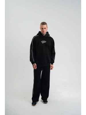 Uzun Kol Kapşonlu Ara Biyeli Baggy Eşofman Takım - Siyah