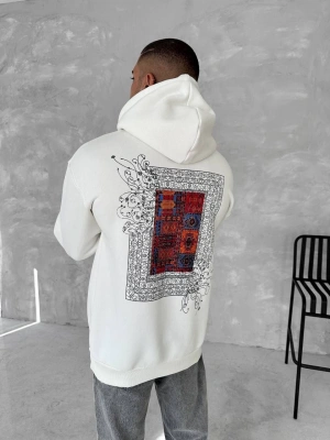 Uzun Kol Kapüşonlu Ön Ve Arka Baskılı SweatShirt - Beyaz