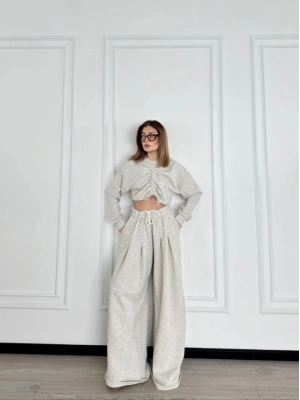Uzun Kollu Önü İp Büzgülü Crop ve Pantolon İkili Takım - Gri