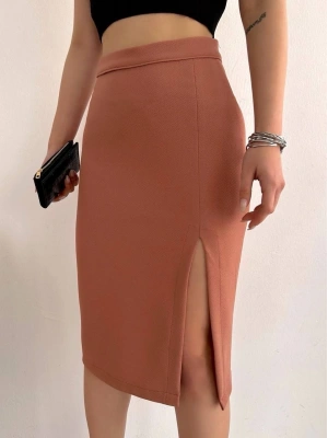 Uzun midi boy yırtmaçlı etek somon s24907