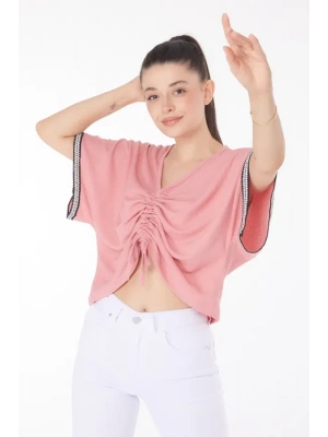 V yaka büzgülü detaylı bluz