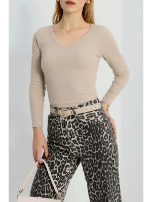 V yaka kaşkorse bluz bej a3699