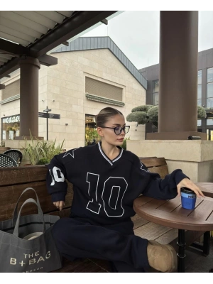 V Yaka Üç İplik Sweat Takım - Siyah