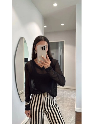 V Yaka uzun Kollu Triko ince Bluz - Siyah