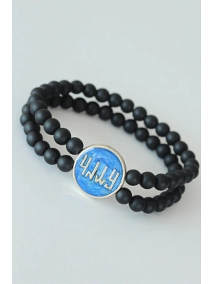 Vav Figürlü Lacivert Metal Aksesuarlı Çift Sıra Oniks Doğal Taş Erkek Bileklik