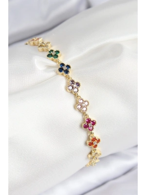 VIP Pirinç Renkli Zirkon Taşlı Yonca Model Gold Renk Kadın Bileklik