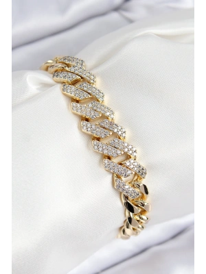 VIP Pirinç Zirkon Taşlı Cuba Model Gold Renk Kadın Bileklik