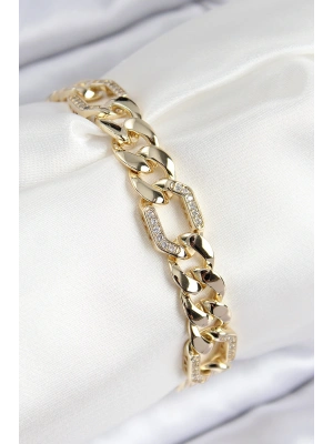 VIP Pirinç Zirkon Taşlı Parçalı Zincir Model Gold Renk Kadın Bileklik