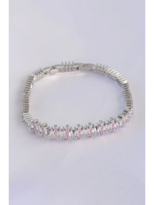 Vip Seri Pirinç Pembe Zirkon Taşlı Gümüş Renk Baget Model Bileklik