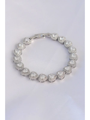 Vip Seri Pirinç Zirkon Taşlı Gümüş Renk Kalp Model Bileklik