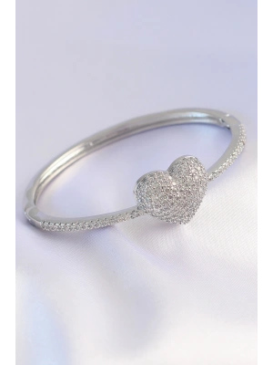 Vip Seri Pirinç Zirkon Taşlı Gümüş Renk Kalp Model Kelepçe