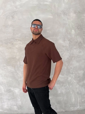 Yakalı Patlı Kısa Kol T-shirt - Kahverengi