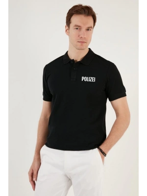 Yakası Düğmeli Yakalı Pike Baskılı T-Shirt - Siyah