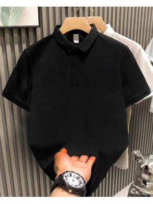 Yakası Düğmeli Yakalı Pike Düz T-Shirt - Siyah