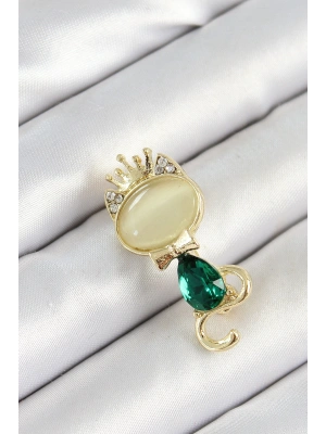 Yeşil Damla Zirkon Taşlı Kraliçe Taçlı Kedi Figürlü Gold Renk Kadın Broş