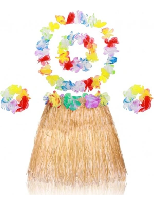 Yetişkin Çocuk Hawaii Parti Seti - 40 cm Naturel Etek + Çiçek Aksesuarlar (5 Parça) NessiWorld
