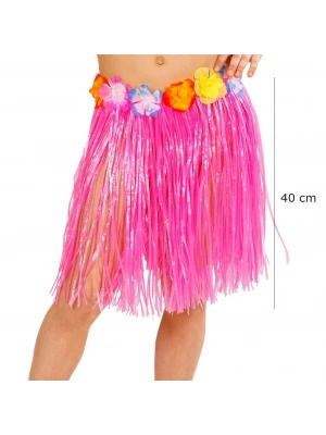 Yetişkin ve Çocuk Uyumlu Pembe Renk Püsküllü Hawaii Luau Hula Etek 40 cm