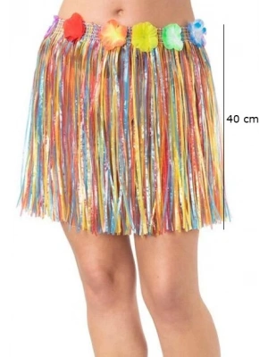 Yetişkin ve Çocuk Uyumlu Rengarenk Püsküllü Hawaii Luau Hula Etek 40 cm