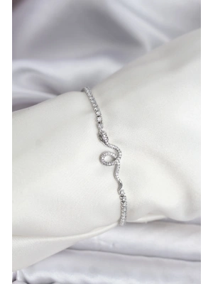 Yılan Model Zirkon Taşlı Gümüş Renk Pirinç Su Yolu Kadın Bileklik