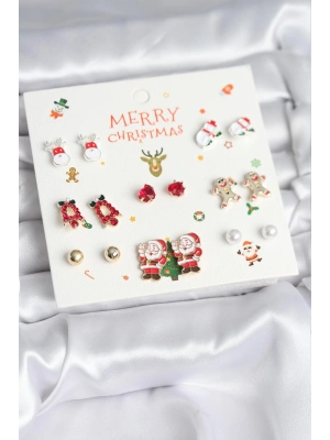 Yılbaşı Temalı Karışık Model 8 Çift Yılbaşı Temalı Kadın Küpe Seti