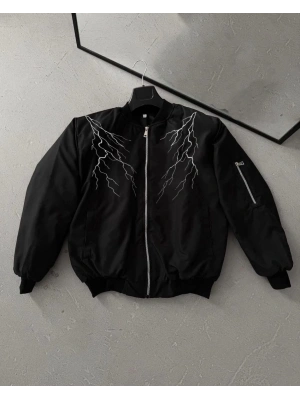 Unisex Siyah Bomber Mont – Beyaz Şimşek Desenli, Fermuarlı Cepli, Kapitone Astarlı Sokak Stili Günlük Ceket - Siyah