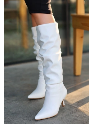 Zelya Beyaz Cilt Topuklu Çizme