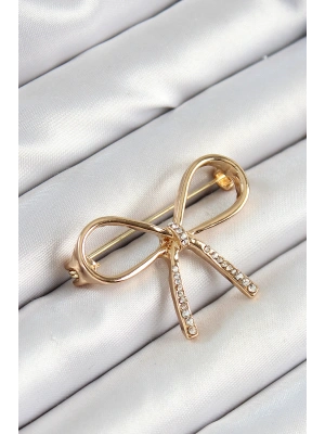 Zirkon Taş Detaylı 3D Fiyonk Figürlü Gold Renk Kadın Broş