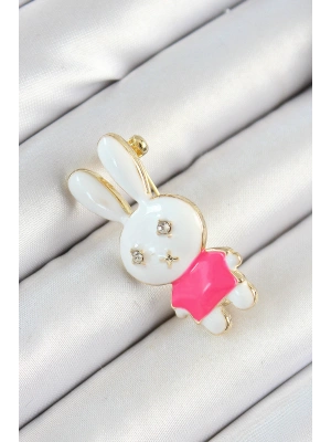 Zirkon Taş Detaylı Beyaz Ve Pembe 3D Tavşan Figürlü Kadın Broş
