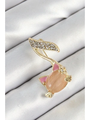 Zirkon Taşlı 3D Kedi Detaylı Nota Figürlü Gold Renk Kadın Broş