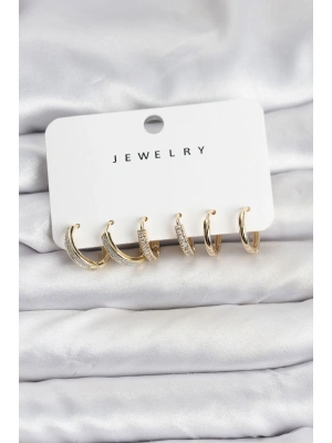 Zirkon Taşlı Gold Renk Pirinç Kadın Küpe Seti