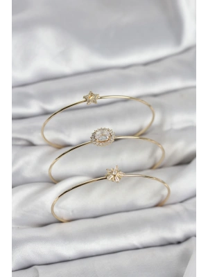 Zirkon Taşlı Gold Renk Tek Taş Model 3lü Kadın Bileklik Kombini