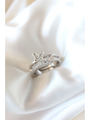 Zirkon Taşlı Gümüş Kaplama Kelebekli Kadın Yüzük