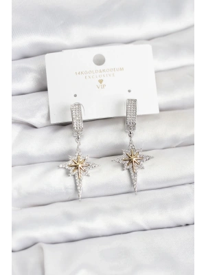 Zirkon Taşlı Gümüş Renk Pirinç Kutup Yıldızı Model Kadın Küpe