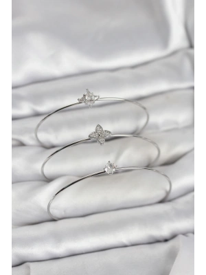 Zirkon Taşlı Gümüş Renk Yonca Model 3lü Kadın Bileklik Kombini