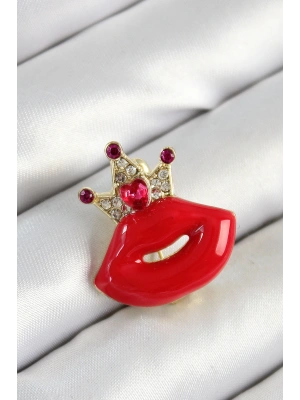 Zirkon Taşlı Kraliçe Taç Detaylı 3D Kırmızı Dudak Figürlü Gold Renk Kadın Broş