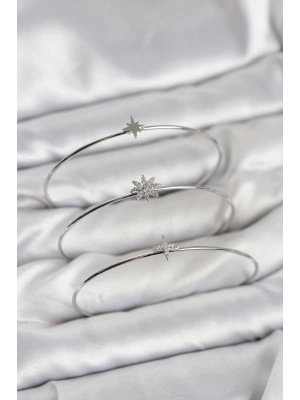 Zirkon Taşlı Kutup Yıldızı Model Gümüş Renk 3lü Kadın Bileklik Kombini