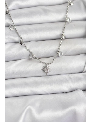 Zirkon Taşlı Kutup Yıldızı Model Pirinç Gümüş Renk Kadın Kolye