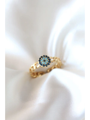 Zirkon Taşlı Nazarlı Altın Kaplama Kadın Yüzük