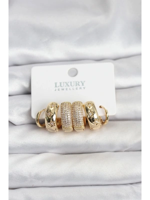 Zirkon Taşlı Pirinç Gold Renk Halka Kadın Küpe Seti