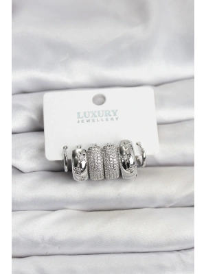 Zirkon Taşlı Pirinç Gümüş Renk Halka Kadın Küpe Seti