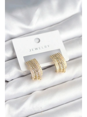 Zirkon Taşlı Şerit Model Gold Renk Pirinç Kadın Küpe